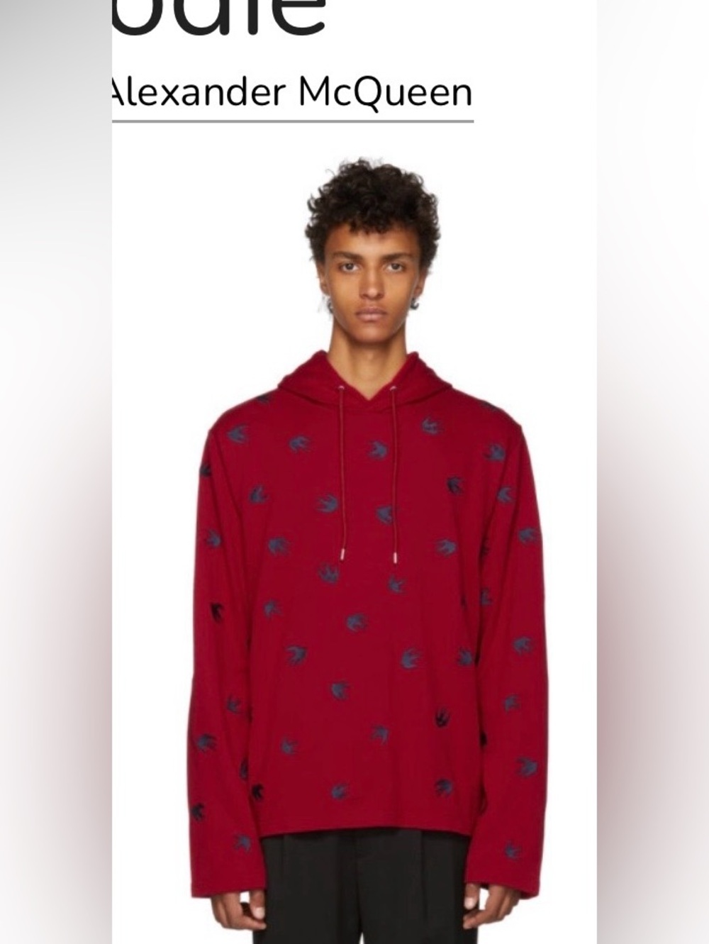 Alexander McQueen Red Hooded Sweatshirt with Navy Embroidered Swallows XL